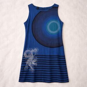 Y2K Desigual designer Statement Dress Blue geometric bold colors funky